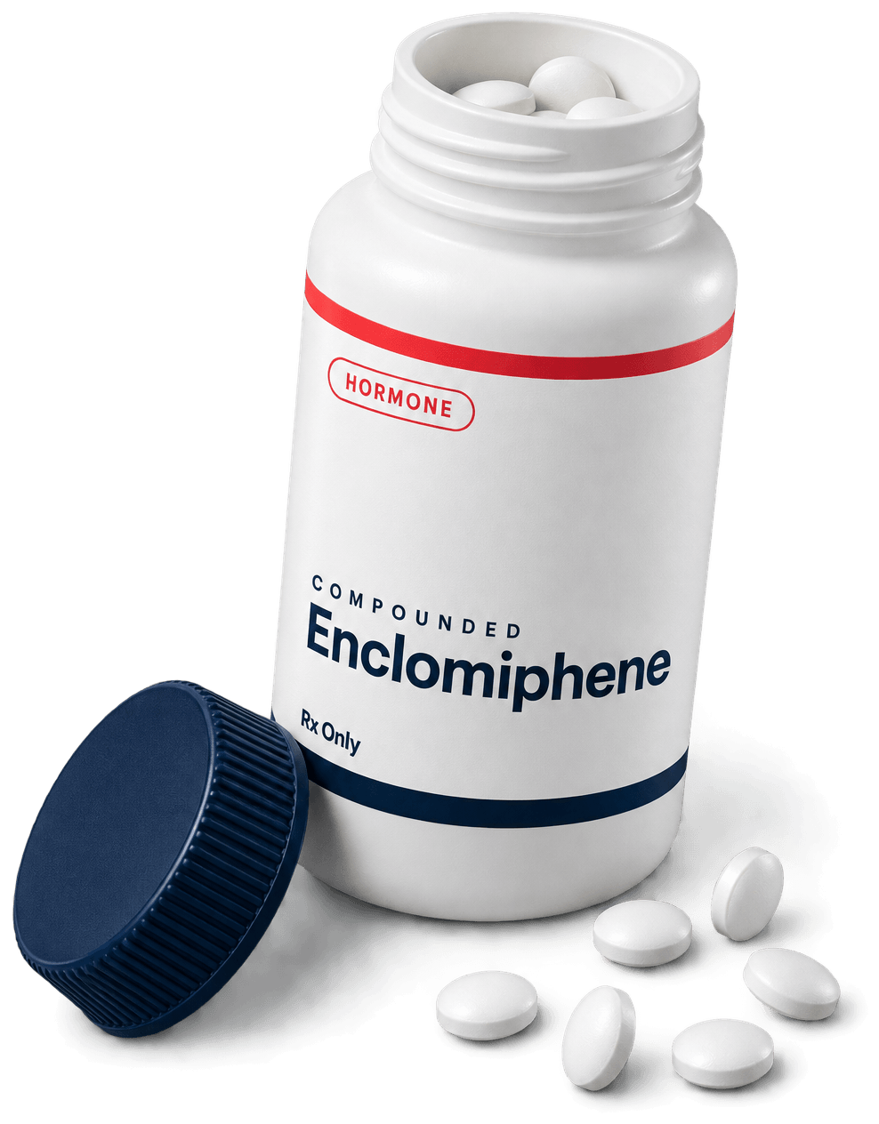 An open bottle of compounded enclomiphene tablets with a navy cap